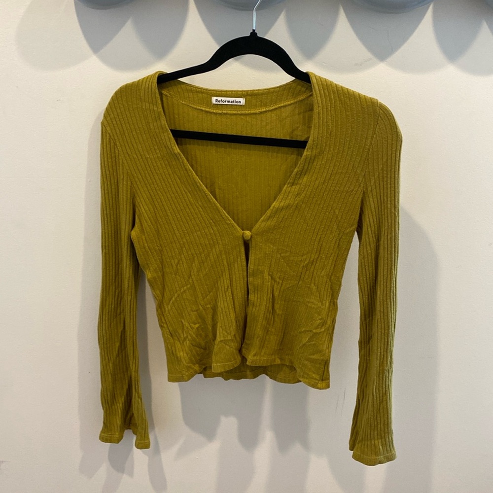 Reformation Top Womens M One Button Ribbed Chartreuse Knit